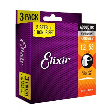 Akustische Gitarrensaiten Elixir 80/20 Bronze 12-53 - Packung mit 3 Sätzen